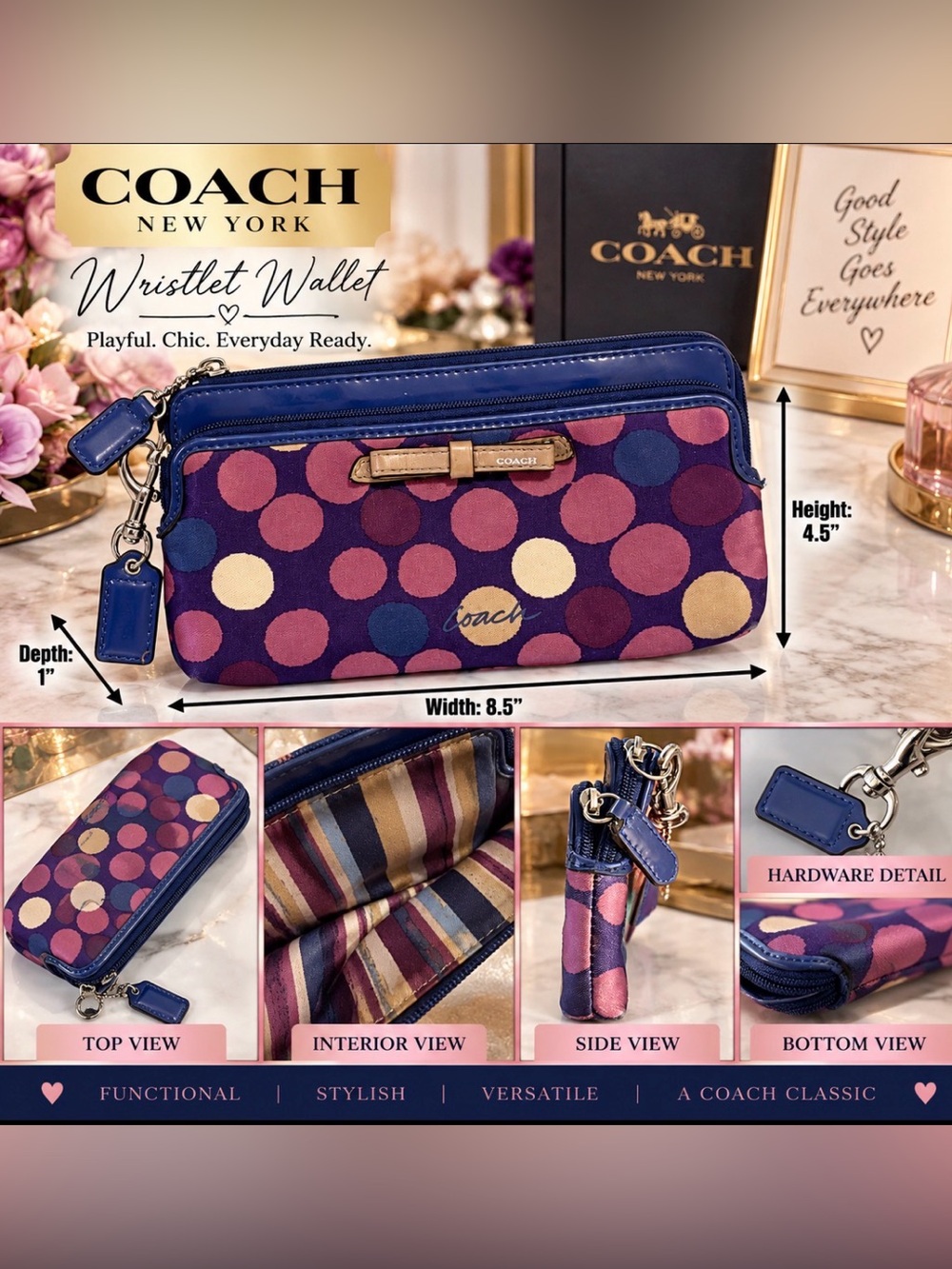 Coach Purple Multi Polka Dot Wristlet